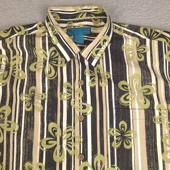 Paradise Blue Hawaiian Shirt Mens XL Floral Striped Button Down Cotton Bamboo - Picture 2 of 14